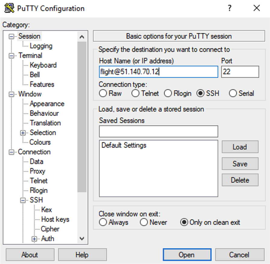 PuTTY session configuration