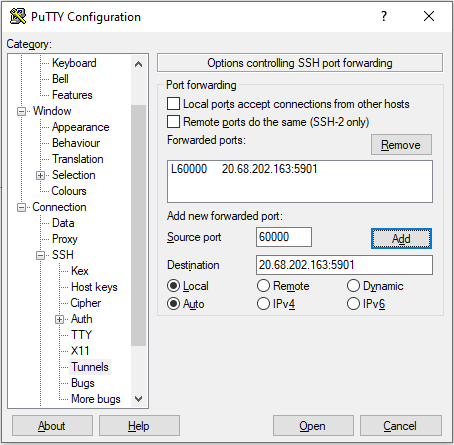 PuTTY Tunnels Add Button