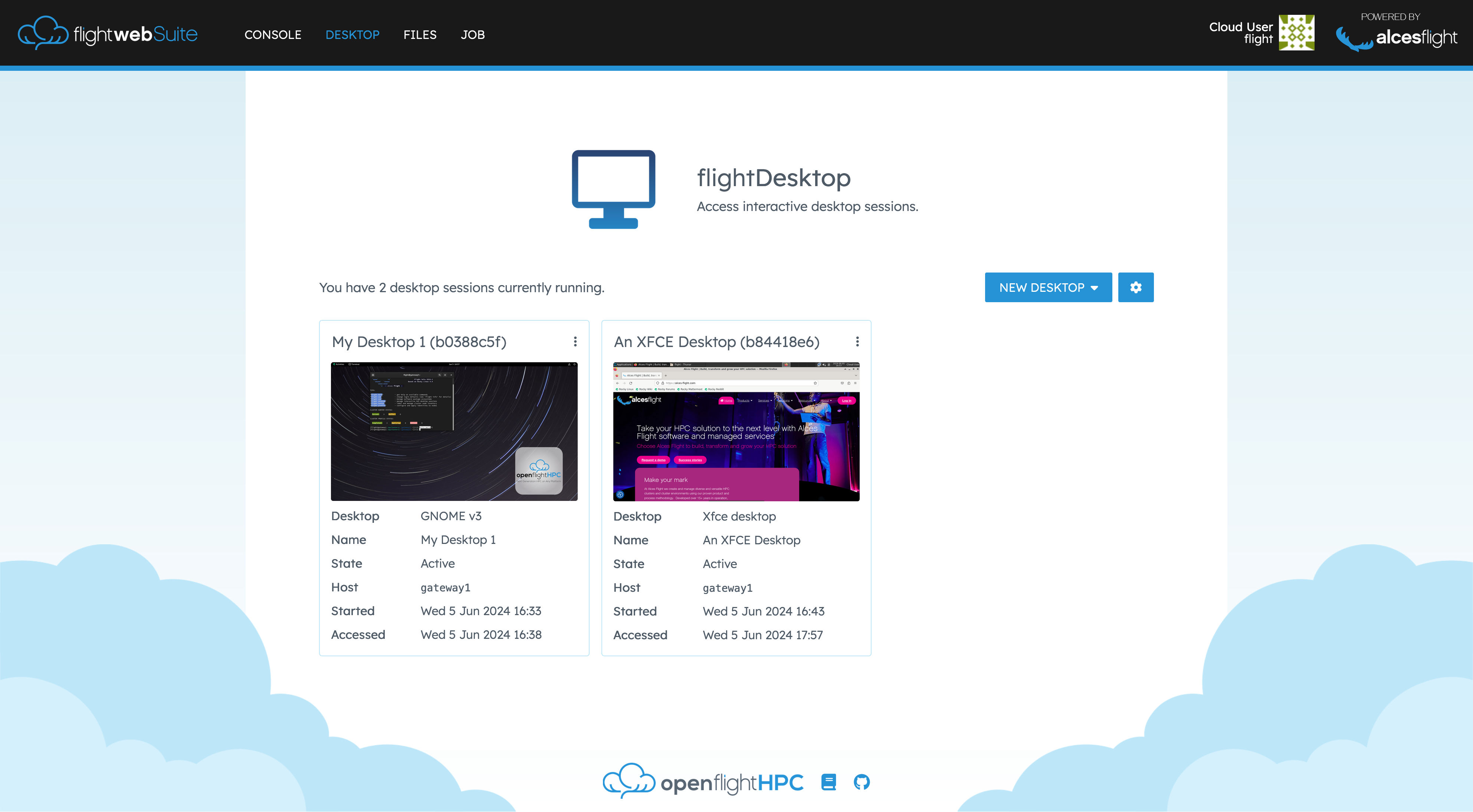 Flight Desktop Sessions Page