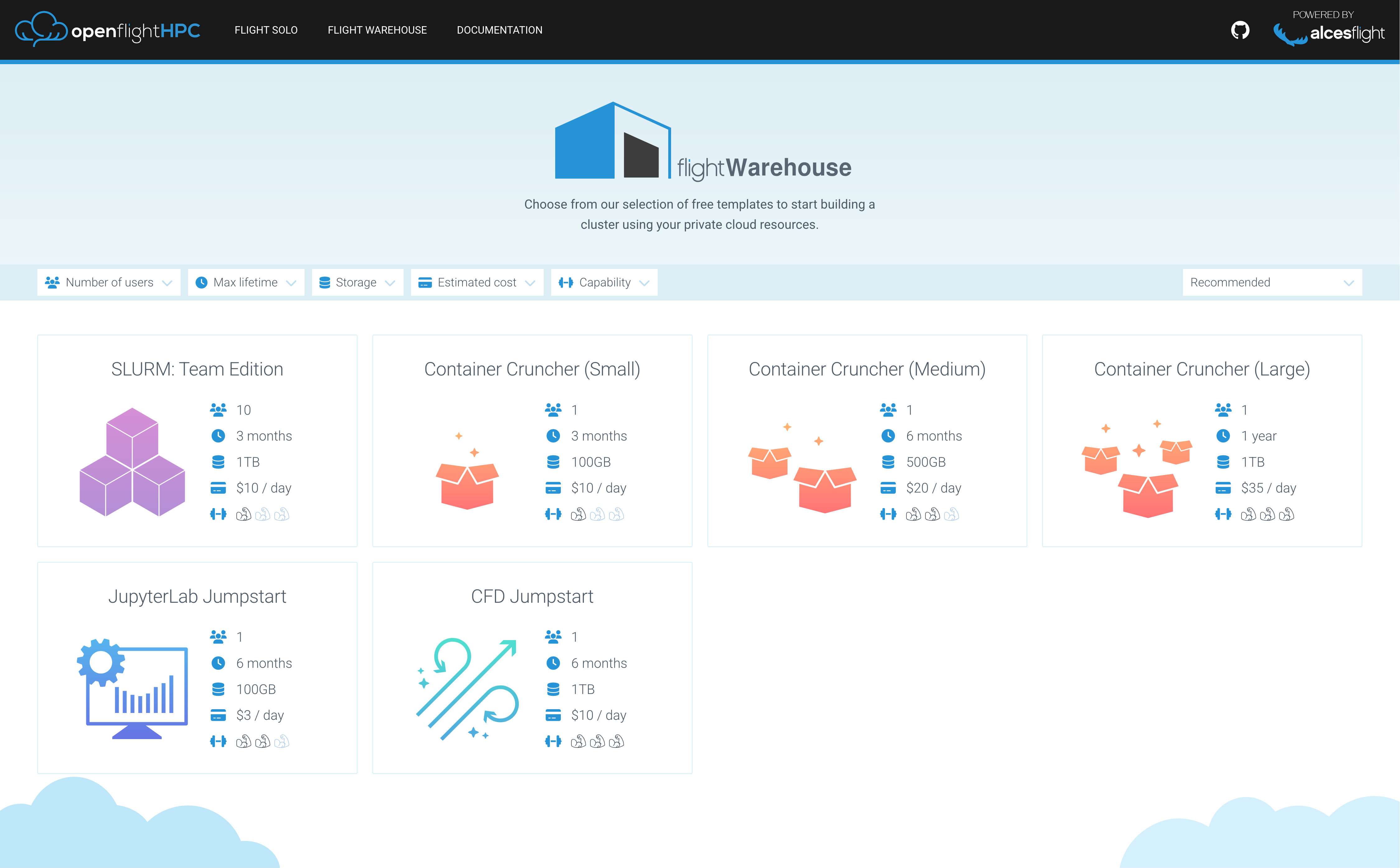 Flight Warehouse homepage showing available templates